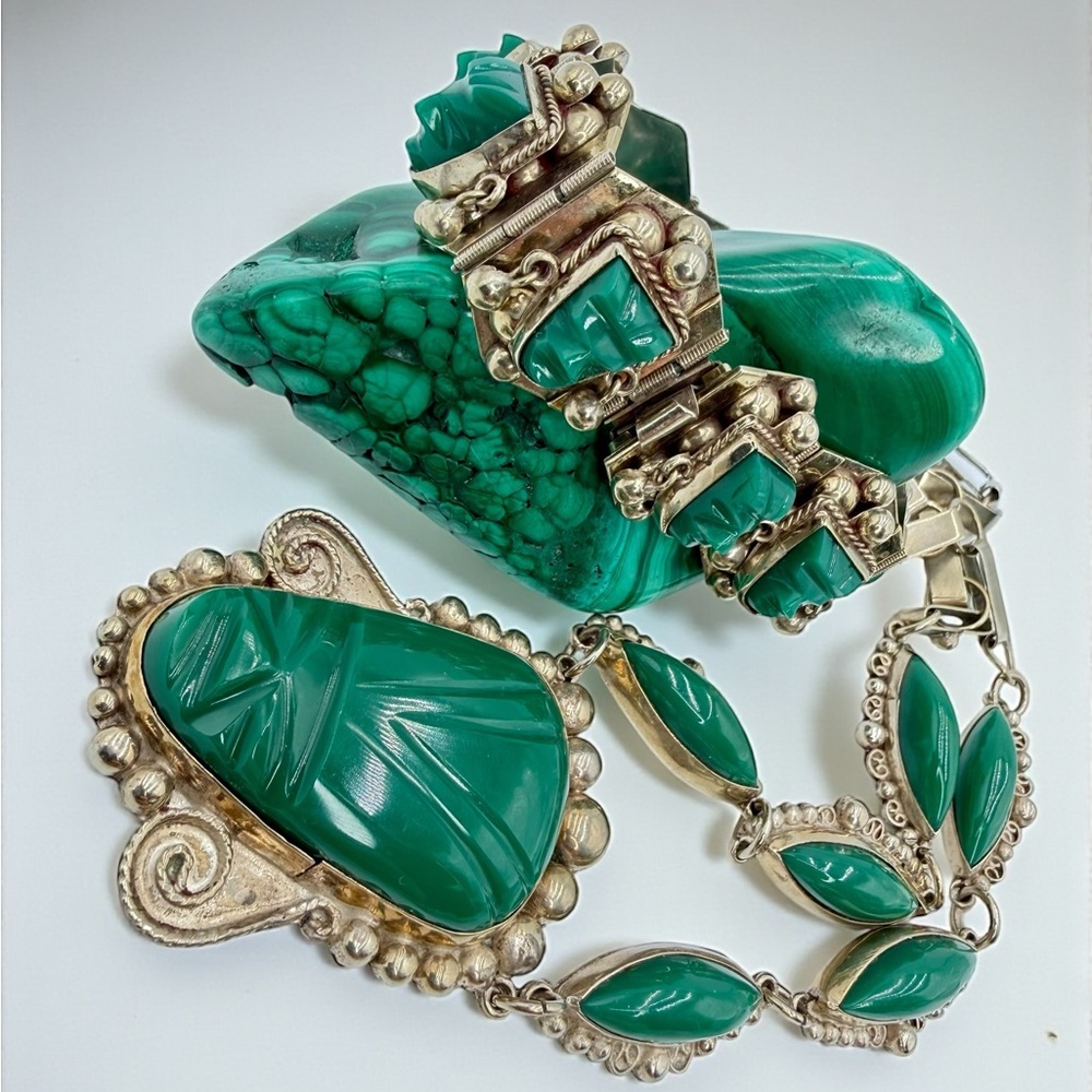 Vintage Mexico Sterling Green Onyx Aztec Mask Necklace Bracelet Set 17” & 7” - Picture 6 of 17